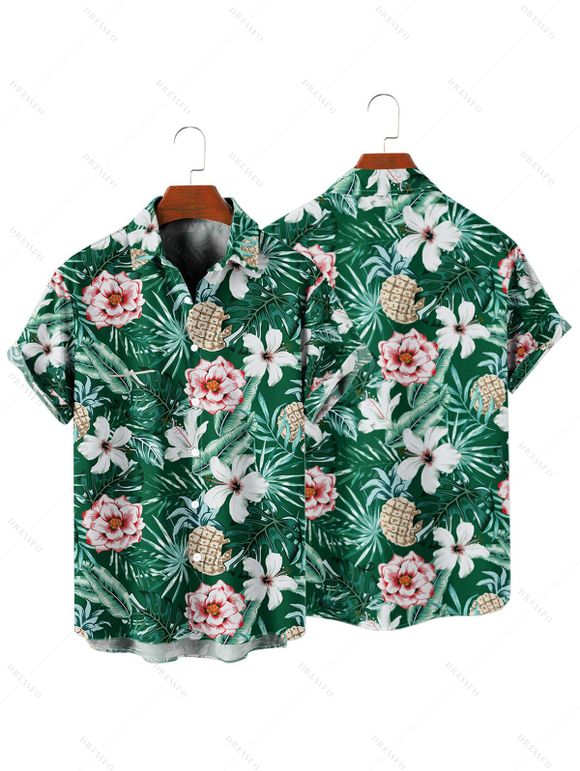 Vacation Couple Outfit Allover Tropical Leaf Flower Pattern Ruched Bust Belt Dress and Roll Up Sleeve Shirt Drawstrings Shorts Matching Outfit - Vert profond S | US 4