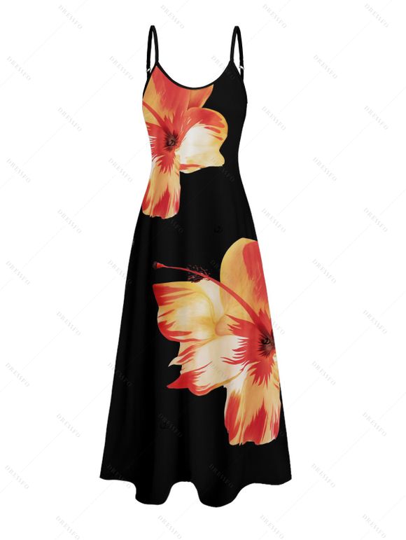 Vacation Couple Outfit Tropical Flower Print Spaghetti Strap V Neck A Line Dress and Roll Up Sleeve Drawstrings Shorts Matching Outfit - Noir S | US 4