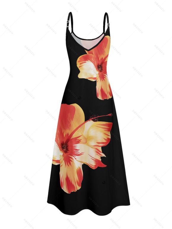 Vacation Couple Outfit Tropical Flower Print Spaghetti Strap V Neck A Line Dress and Roll Up Sleeve Drawstrings Shorts Matching Outfit - Noir S | US 4