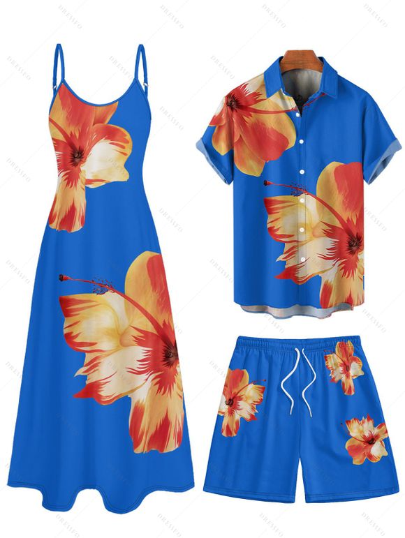 Vacation Couple Outfit Tropical Flower Print Spaghetti Strap V Neck A Line Dress and Roll Up Sleeve Drawstrings Shorts Matching Outfit - Bleu profond S | US 4