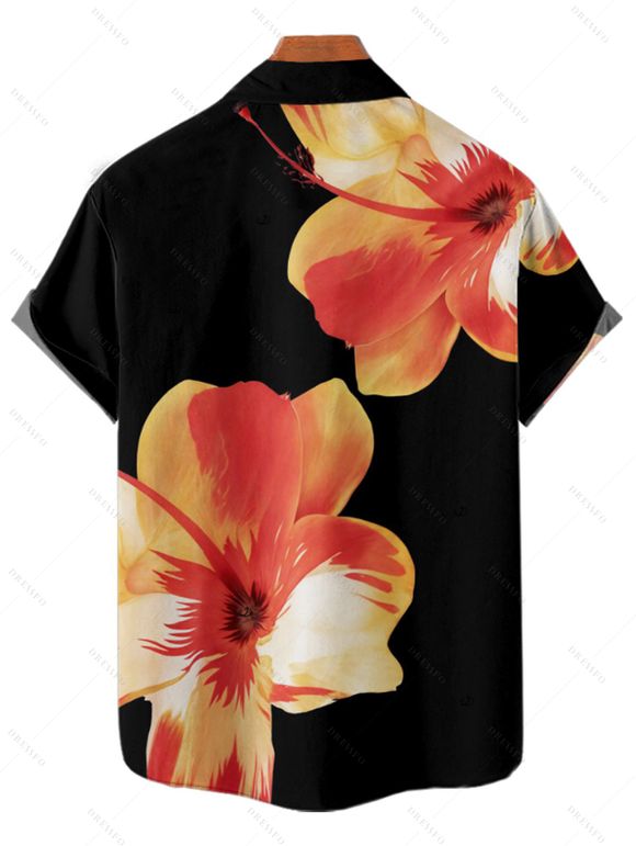 Vacation Couple Outfit Tropical Flower Print Spaghetti Strap V Neck A Line Dress and Roll Up Sleeve Drawstrings Shorts Matching Outfit - Noir S | US 4