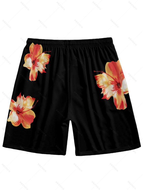 Vacation Couple Outfit Tropical Flower Print Spaghetti Strap V Neck A Line Dress and Roll Up Sleeve Drawstrings Shorts Matching Outfit - Noir S | US 4