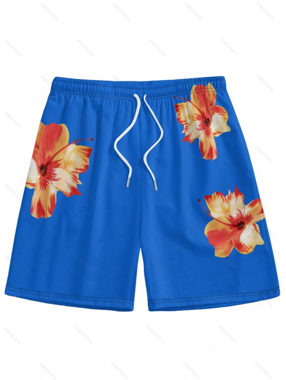 Short de Plage de Vacances Fleur Tropicale Motif de Fleur - Bleu profond 5XL
