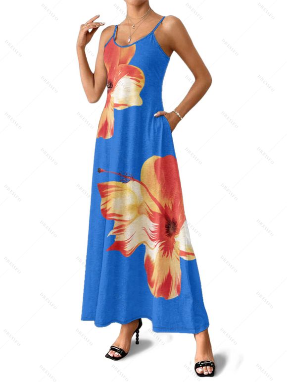 Vacation Couple Outfit Tropical Floral Pattern Spaghetti Strap Pocket A Line Dress and Roll Up Sleeve Shirt Matching Outfit - Bleu profond S | US 4