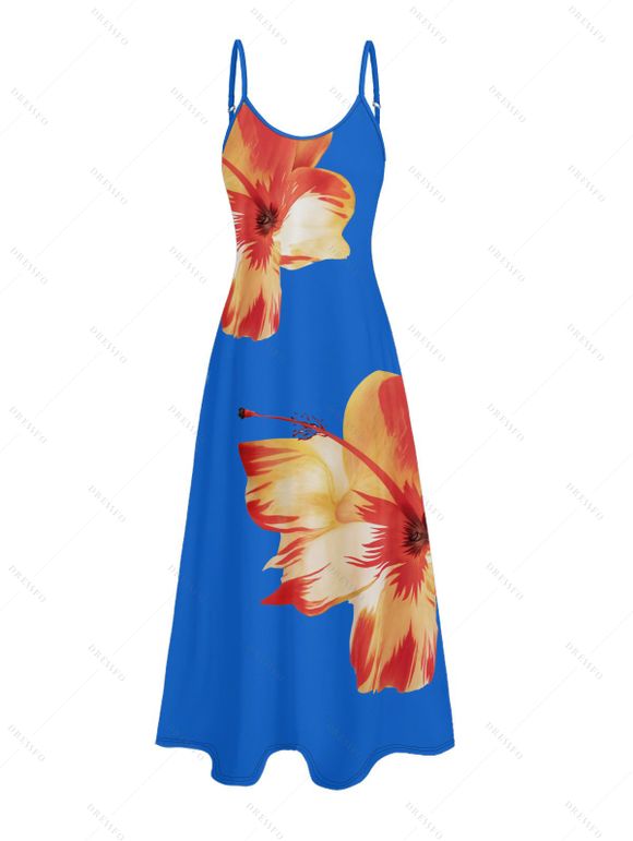 Vacation Couple Outfit Tropical Floral Pattern Spaghetti Strap Pocket A Line Dress and Roll Up Sleeve Shirt Matching Outfit - Bleu profond S | US 4