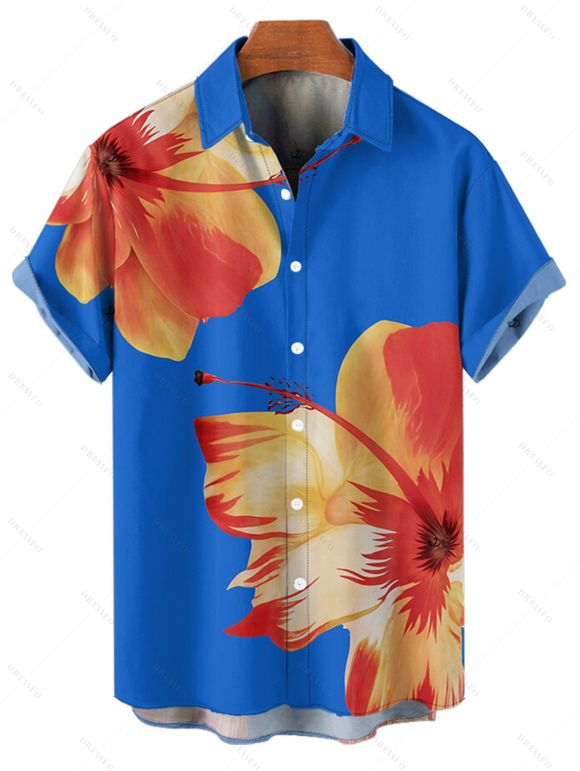 Vacation Couple Outfit Tropical Floral Pattern Spaghetti Strap Pocket A Line Dress and Roll Up Sleeve Shirt Matching Outfit - Bleu profond S | US 4
