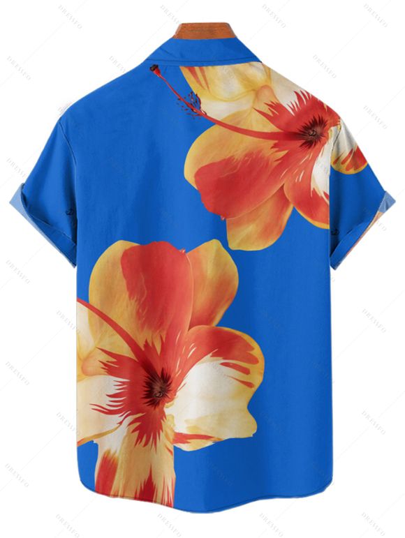 Vacation Couple Outfit Tropical Floral Pattern Spaghetti Strap Pocket A Line Dress and Roll Up Sleeve Shirt Matching Outfit - Bleu profond S | US 4