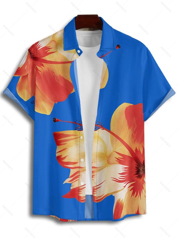 Vacation Couple Outfit Tropical Floral Pattern Spaghetti Strap Pocket A Line Dress and Roll Up Sleeve Shirt Matching Outfit - Bleu profond S | US 4