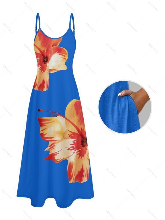 Robe de Plage Longue Ligne A Motif Tropical à Bretelle Fine avec Poche - Bleu profond XXL | US 14