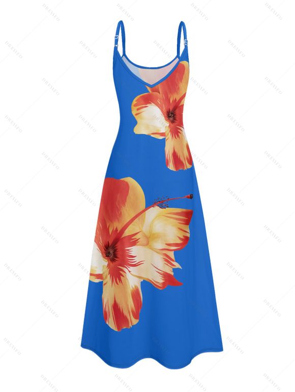 Robe de Plage Longue Ligne A Motif Tropical à Bretelle Fine avec Poche - Bleu profond XXL | US 14