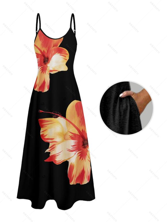 Robe de Plage Longue Ligne A Motif Tropical à Bretelle Fine avec Poche - Noir XXL | US 14