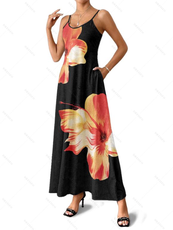 Robe de Plage Longue Ligne A Motif Tropical à Bretelle Fine avec Poche - Noir XL | US 12