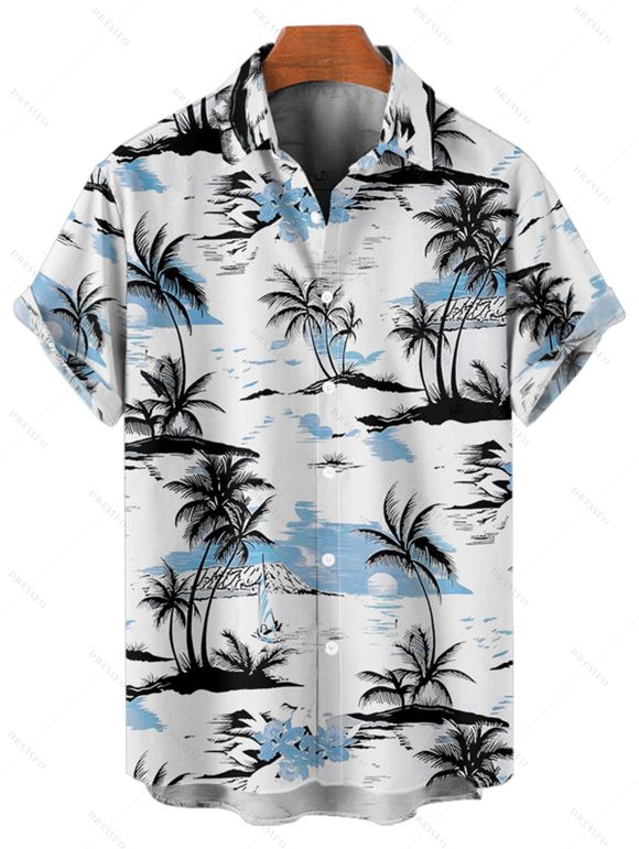 Chemise de Plage Boutonnée Arbre de Noix de Coco Imprimé à Manches Courtes pour Homme - Bleu clair 5XL