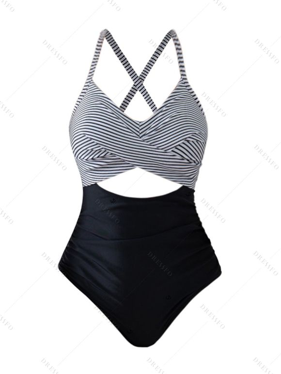 Maillot de Bain de Plage à Bretelle Réglable Croisé Motif de Rayure et de Nœud Papillon Une-Pièce - Noir XL | US 10