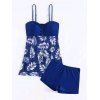 Maillot de Bain Tankini Au Poitrine Feuille Imprimée Transparent à Bretelle Fine Deux Pièces - Bleu S