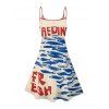 Vintage Couple Outfit Fish Letter Pattern Spaghetti Strap V Neck A Line Mini Tank Dress and Roll Up Sleeve Shirt Vacation Matching Outfit - Rouge S | US 4