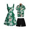 Vacation Couple Outfit Allover Tropical Leaf Flower Pattern Ruched Bust Belt Dress and Roll Up Sleeve Shirt Drawstrings Shorts Matching Outfit - Vert profond S | US 4