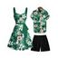 Vacation Couple Outfit Allover Tropical Leaf Flower Pattern Ruched Bust Belt Dress and Roll Up Sleeve Shirt Drawstrings Shorts Matching Outfit - Bleu S | US 4