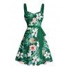 Vacation Couple Outfit Allover Tropical Leaf Flower Pattern Ruched Bust Belt Dress and Roll Up Sleeve Shirt Drawstrings Shorts Matching Outfit - Vert profond S | US 4