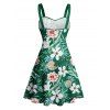 Vacation Couple Outfit Allover Tropical Leaf Flower Pattern Ruched Bust Belt Dress and Roll Up Sleeve Shirt Drawstrings Shorts Matching Outfit - Vert profond S | US 4