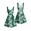 Vacation Couple Outfit Allover Tropical Leaf Flower Pattern Ruched Bust Belt Dress and Roll Up Sleeve Shirt Drawstrings Shorts Matching Outfit - Vert profond S | US 4