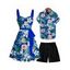 Vacation Couple Outfit Allover Tropical Leaf Flower Pattern Ruched Bust Belt Dress and Roll Up Sleeve Shirt Drawstrings Shorts Matching Outfit - Bleu S | US 4