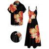 Vacation Couple Outfit Tropical Floral Pattern Spaghetti Strap Pocket A Line Dress and Roll Up Sleeve Shirt Matching Outfit - Noir S | US 4