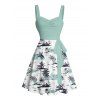 Mini Robe de Plage Ligne A en Blocs de Couleurs Arbre de Noix de Coco Imprimé à Volants - Vert clair S | US 4
