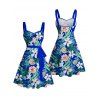 Mini Robe de Plage Ligne A Motif de Fleur Tropicale Partout à Volants - Bleu S | US 4