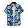 Chemise de Vacances Boutonnée Motif de Feuille Tropicale à Manches Roulées - Bleu 5XL