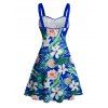 Vacation Couple Outfit Allover Tropical Leaf Flower Pattern Ruched Bust Belt Dress and Roll Up Sleeve Shirt Drawstrings Shorts Matching Outfit - Bleu S | US 4