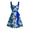 Vacation Couple Outfit Allover Tropical Leaf Flower Pattern Ruched Bust Belt Dress and Roll Up Sleeve Shirt Drawstrings Shorts Matching Outfit - Bleu S | US 4