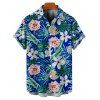 Vacation Couple Outfit Allover Tropical Leaf Flower Pattern Ruched Bust Belt Dress and Roll Up Sleeve Shirt Drawstrings Shorts Matching Outfit - Bleu S | US 4
