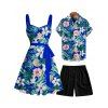 Vacation Couple Outfit Allover Tropical Leaf Flower Pattern Ruched Bust Belt Dress and Roll Up Sleeve Shirt Drawstrings Shorts Matching Outfit - Bleu S | US 4