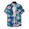 Vacation Couple Outfit Allover Tropical Leaf Flower Pattern Ruched Bust Belt Dress and Roll Up Sleeve Shirt Drawstrings Shorts Matching Outfit - Bleu S | US 4