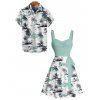 Vacation Couple Outfit Coconut Tree Printed Colorblock Ruched Bust Sweetheart Neck Belt A Line Mini Dress and Roll Up Sleeve Shirt Beach Matching Outfit - Vert clair S | US 4