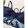 Maillot de Bain Rembourré Feuille Tropicale Imprimée à Bretelle Fine avec Nœud Papillon Deux Pièces - Bleu 2XL