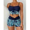 Maillot de Bain Rembourré Feuille Tropicale Imprimée à Bretelle Fine avec Nœud Papillon Deux Pièces - Bleu 2XL