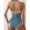 Maillot de Bain de Plage à Bretelle Réglable Croisé Motif de Rayure et de Nœud Papillon Une-Pièce - Bleu gris M | US 6