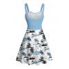 Mini Robe de Plage Ligne A en Blocs de Couleurs Arbre de Noix de Coco Imprimé à Volants - Bleu clair XXXXXL | US 20