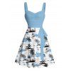 Mini Robe de Plage Ligne A en Blocs de Couleurs Arbre de Noix de Coco Imprimé à Volants - Bleu clair XXXXXL | US 20