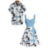 Vacation Couple Outfit Coconut Tree Printed Colorblock Ruched Bust Sweetheart Neck Belt A Line Mini Dress and Roll Up Sleeve Shirt Beach Matching Outfit - Bleu clair S | US 4