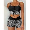 Maillot de Bain Rembourré Feuille Tropicale Imprimée à Bretelle Fine avec Nœud Papillon Deux Pièces - Noir L