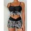 Maillot de Bain Rembourré Feuille Tropicale Imprimée à Bretelle Fine avec Nœud Papillon Deux Pièces - Noir L