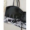 Maillot de Bain Rembourré Feuille Tropicale Imprimée à Bretelle Fine avec Nœud Papillon Deux Pièces - Noir L