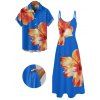 Vacation Couple Outfit Tropical Floral Pattern Spaghetti Strap Pocket A Line Dress and Roll Up Sleeve Shirt Matching Outfit