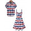 Vacation Couple Outfit Striped Anchor Pattern Spaghetti Strap V Neck A Line Mini Tank Dress and Roll Up Sleeve Shirt Matching Outfit - multicolor S | US 4
