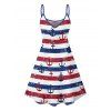 Vacation Couple Outfit Striped Anchor Pattern Spaghetti Strap V Neck A Line Mini Tank Dress and Roll Up Sleeve Shirt Matching Outfit - multicolor S | US 4