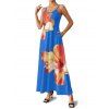 Vacation Couple Outfit Tropical Flower Print Spaghetti Strap V Neck A Line Dress and Roll Up Sleeve Drawstrings Shorts Matching Outfit - Bleu profond S | US 4