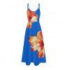 Vacation Couple Outfit Tropical Flower Print Spaghetti Strap V Neck A Line Dress and Roll Up Sleeve Drawstrings Shorts Matching Outfit - Bleu profond S | US 4